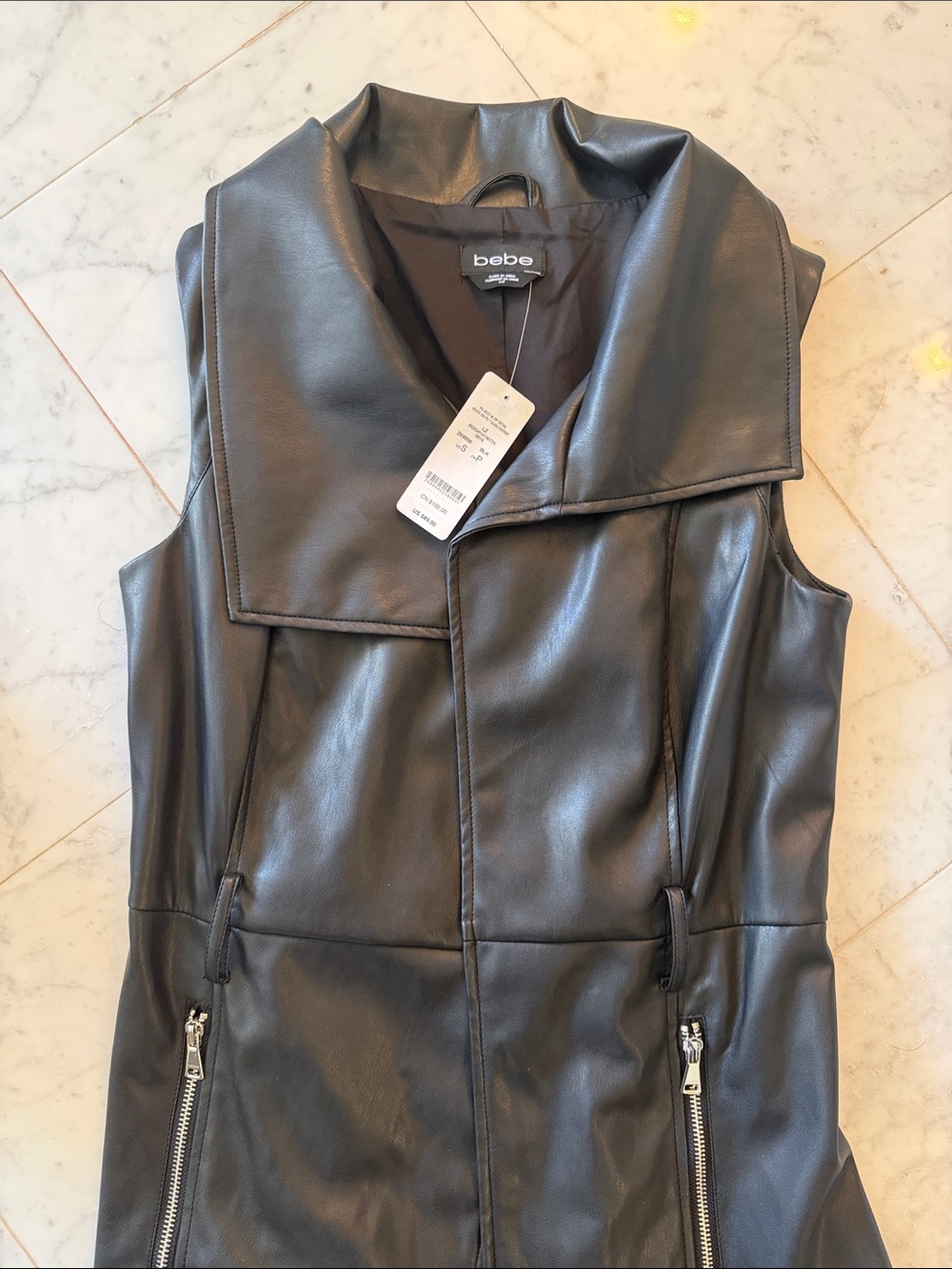 bebe Black Leather Sleeveless Moto Vest w/ Silver Hardware